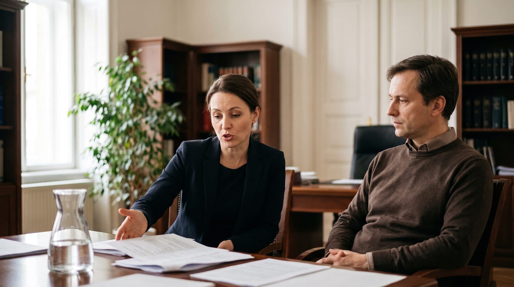 Advokátka vysvětluje klientovi dokument u pracovního stolu.